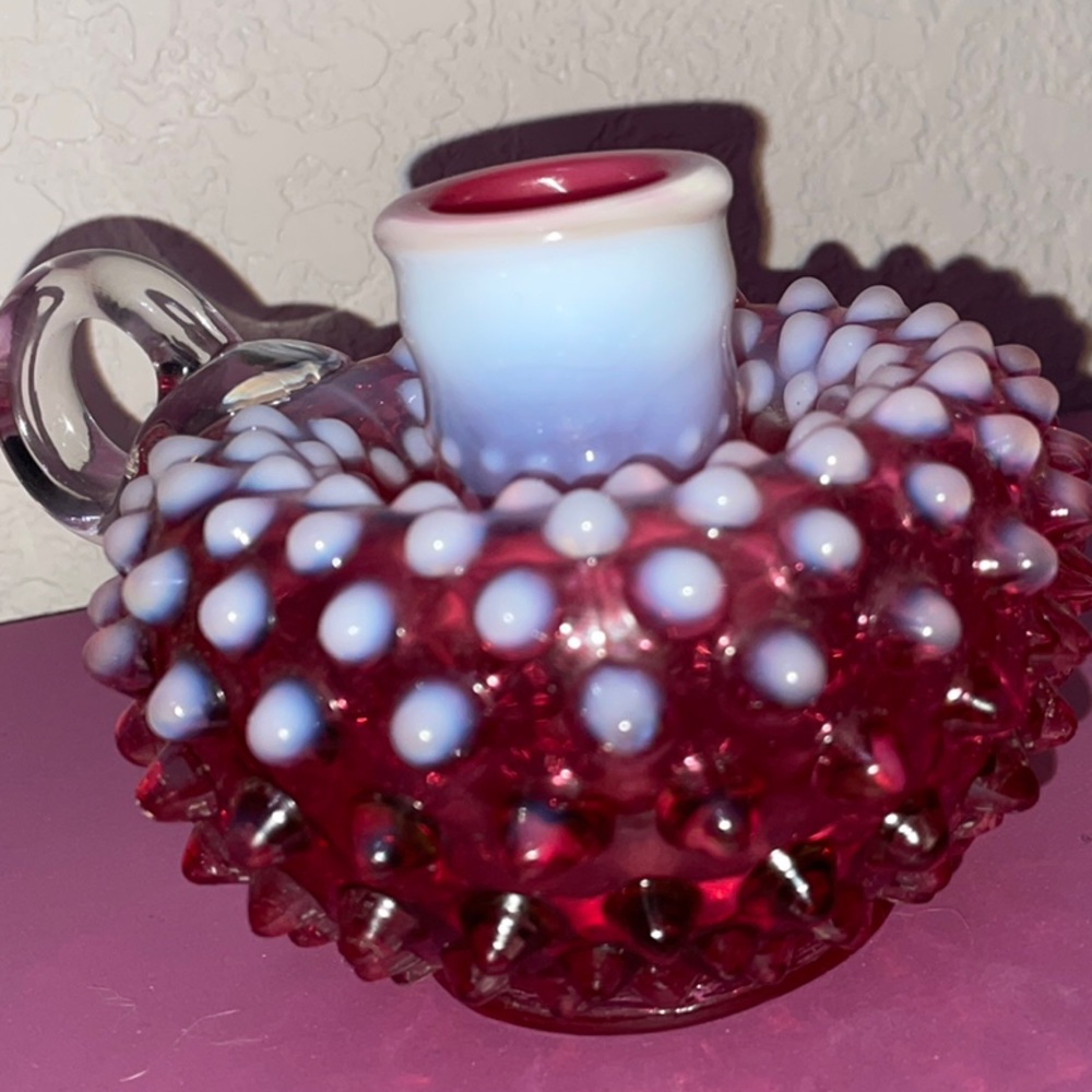 Fenton Vintage Art Glass Cranberry Opalescent Loop Finger Candle Holder
